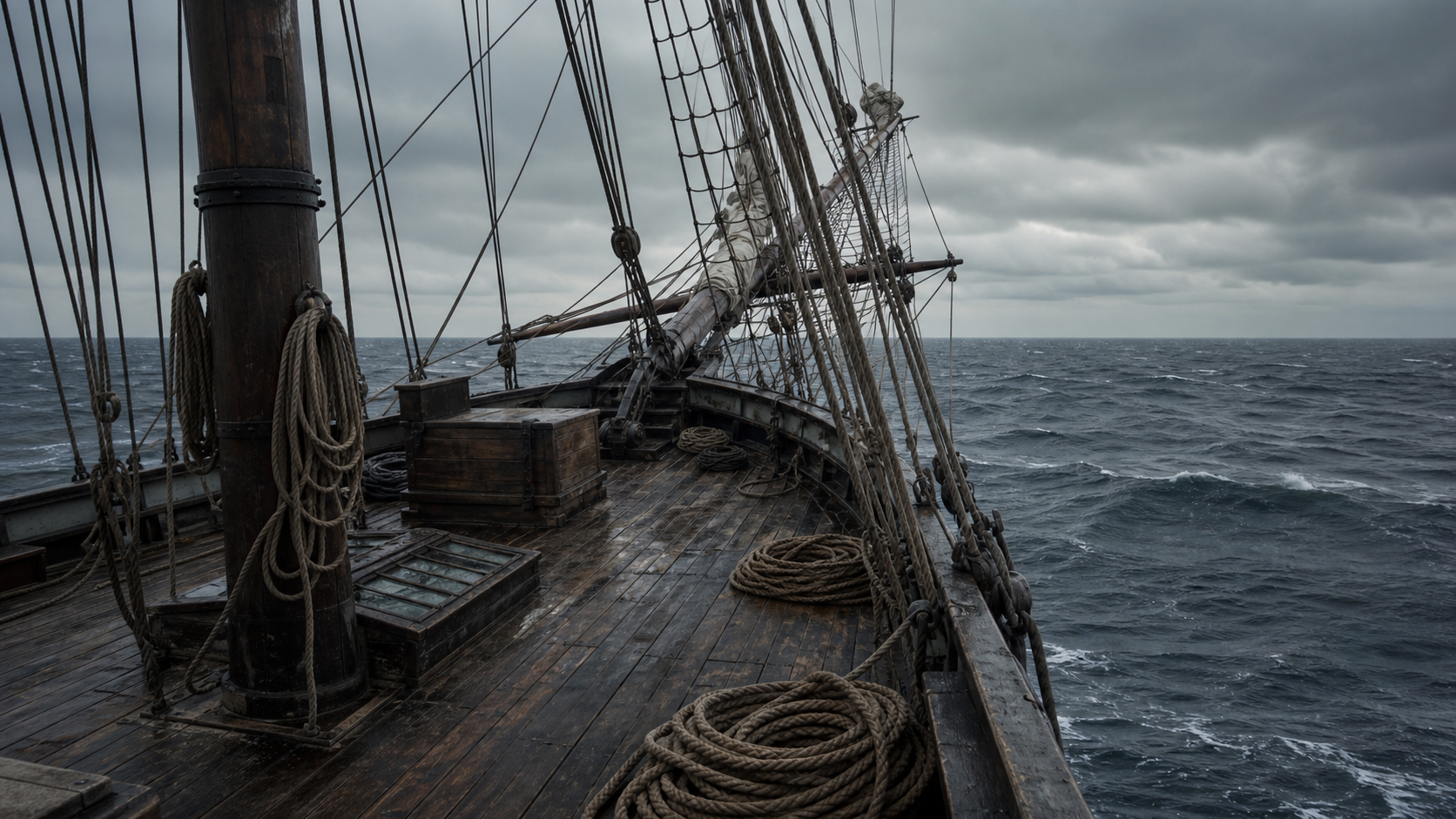 Illustration of an empty nineteenth-century brigantine deck under a grey Atlantic sky.