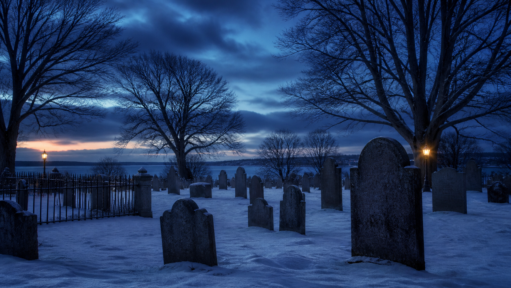 Illustration of a snow-covered nineteenth-century Rhode Island cemetery at dusk.