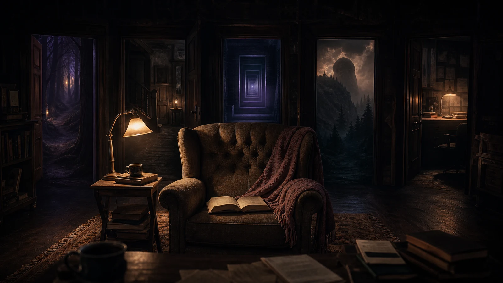 A reading chair facing several shadowed doorways into different kinds of horror.