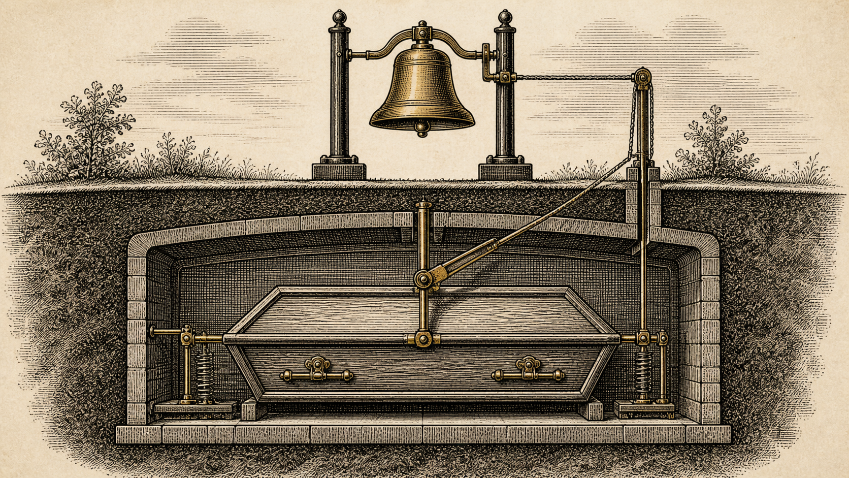 Illustration of a nineteenth-century safety-coffin mechanism with an alarm bell above ground.