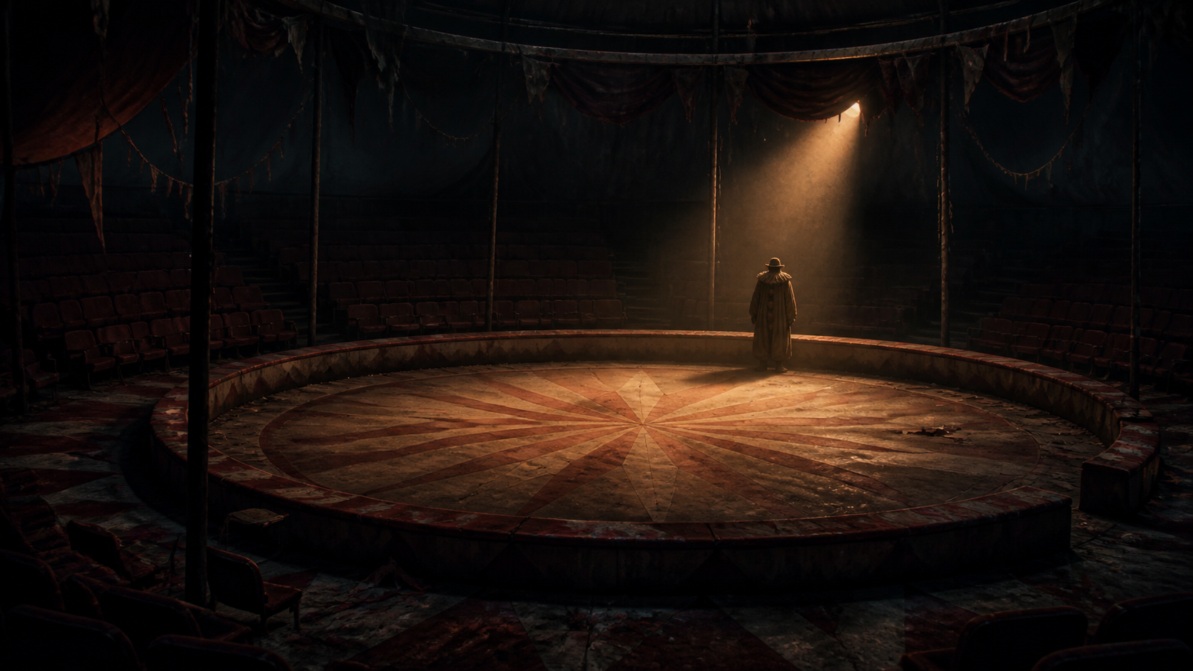 An empty circus ring under low lights with a distant indistinct performer silhouette.
