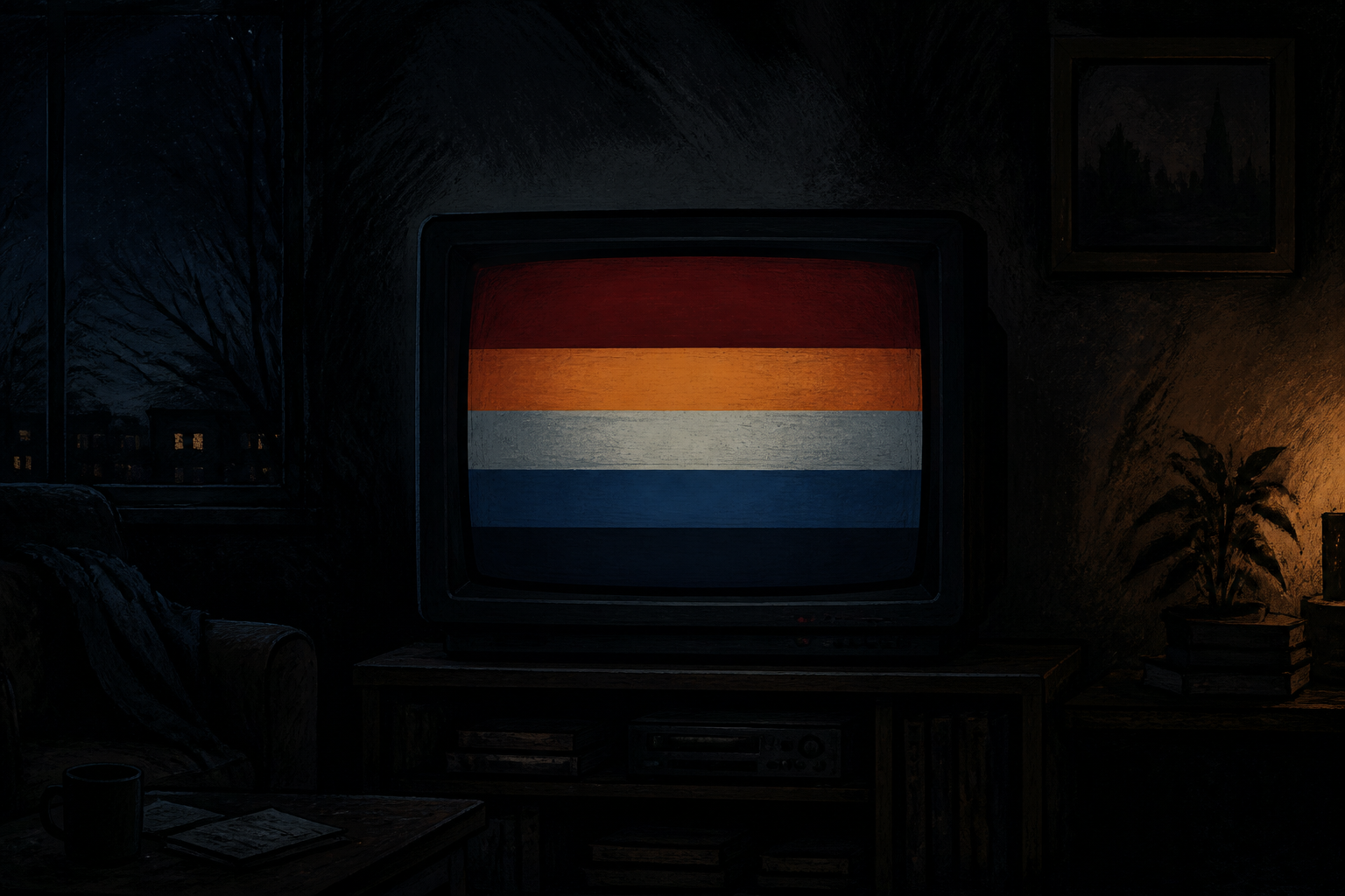 Blank CRT television in a dark room with abstract horizontal warning bars, no words.