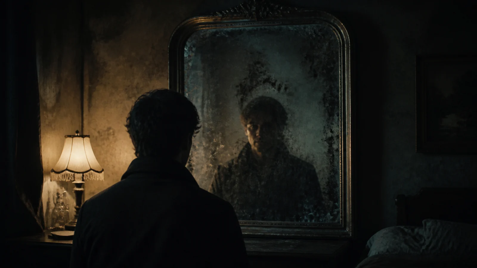 A person faces an old mirror in low light while shadow obscures the reflected facial features.