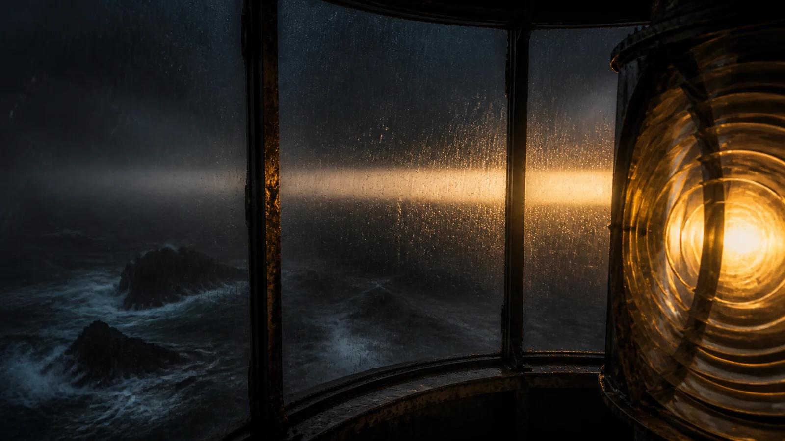 A lighthouse beam sweeps across black ocean water through fog and rain at night.