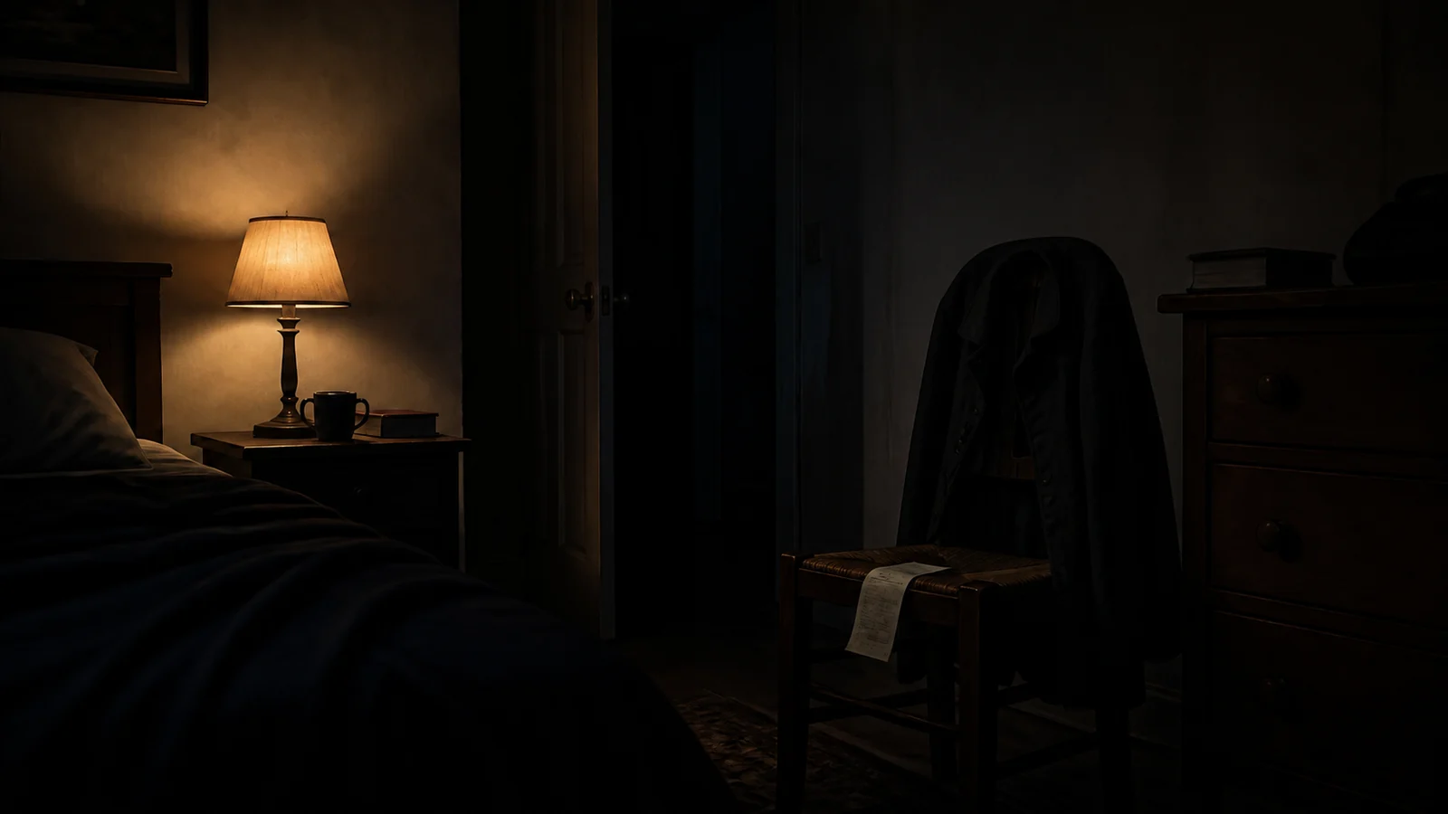 Clothing and furniture in a dark room create the false impression of a human face and figure.