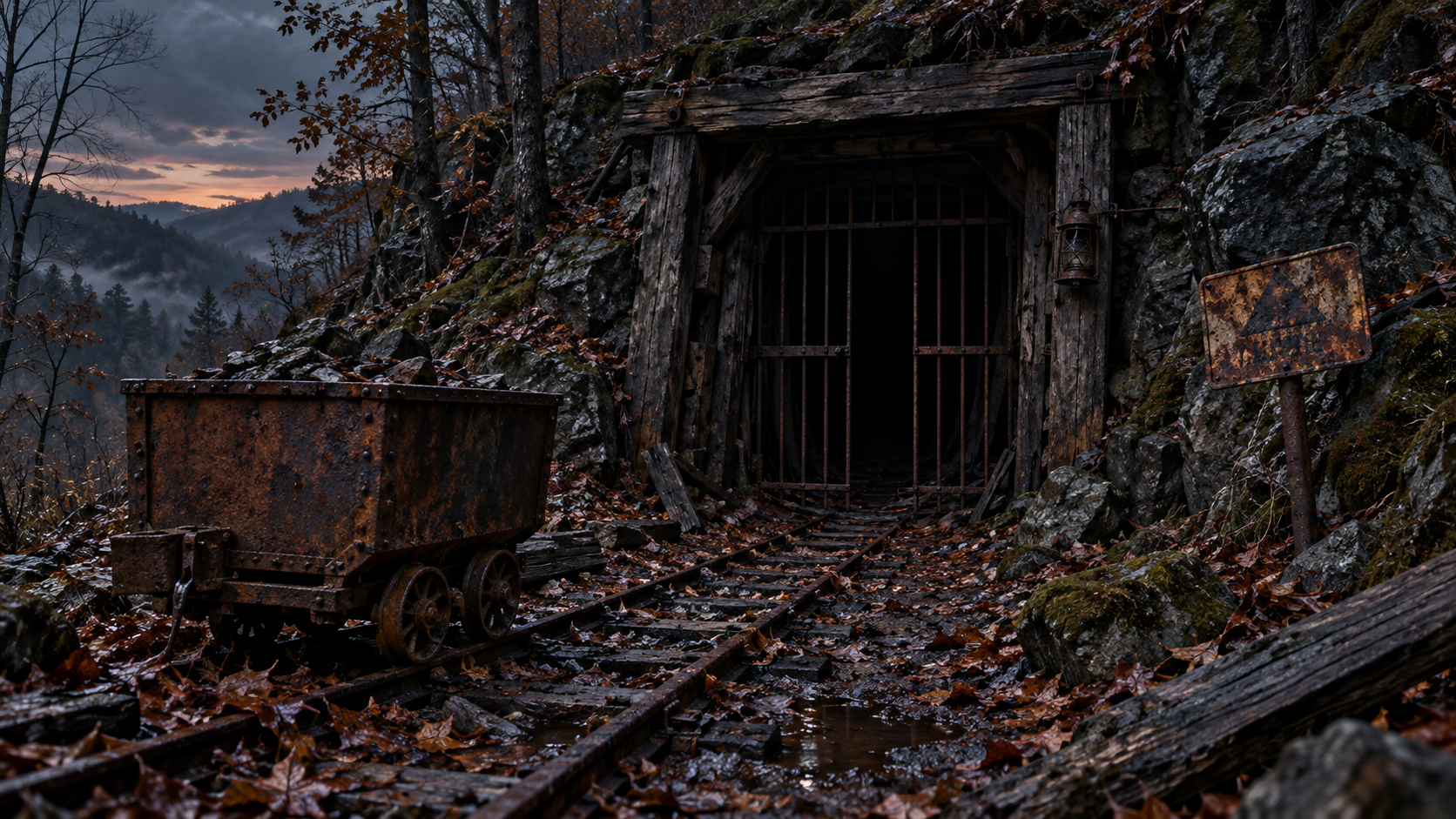 Abandoned mine tunnel with decaying supports and rails disappearing into darkness, illustrating real underground hazards and horror.