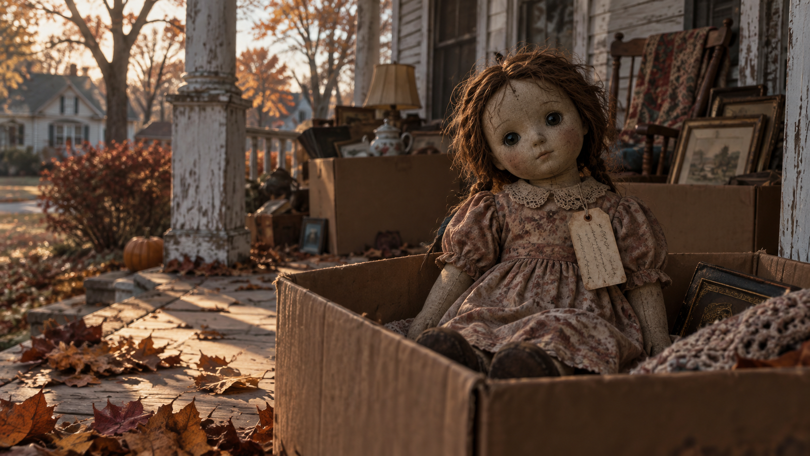 Antique cloth doll in an estate-sale box on an autumn porch