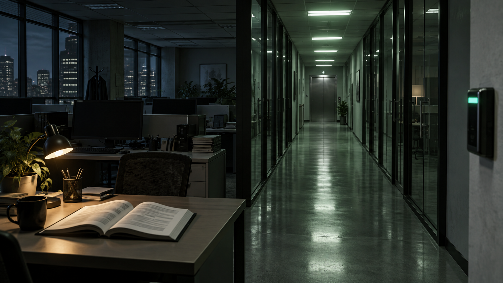 Dim workplace corridor with fluorescent light and an empty desk, illustrating workplace horror, rules, and after-hours dread.